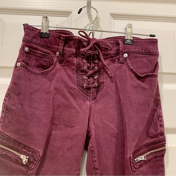 NWOT EXPRESS Maroon Lace-Up Corset Fly Denim Mid-Rise Ankle Leggings - Picture 5 of 8